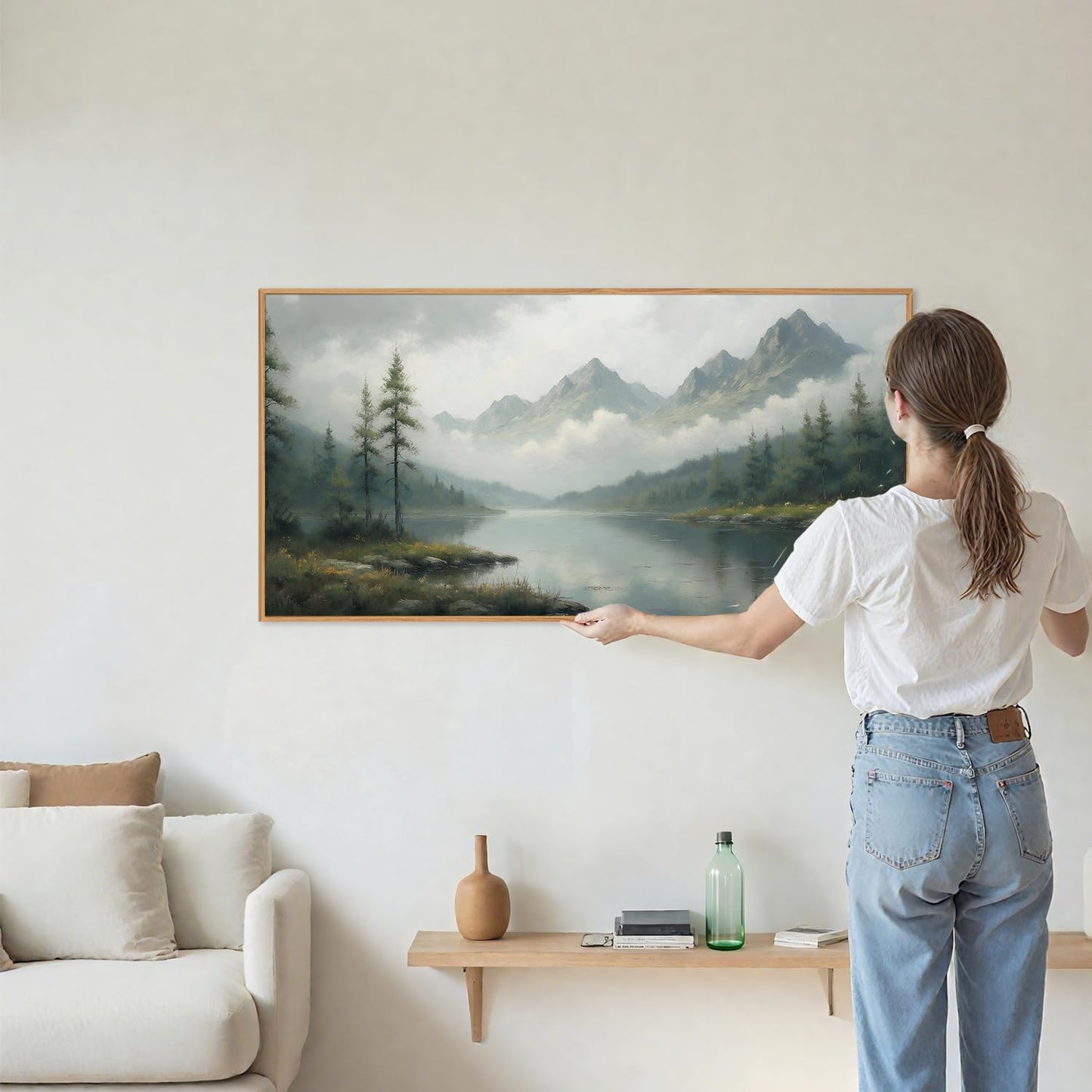 SIGNINART Large Misty Mountain Framed Canvas Wall Art, Green Forest River Scenery Wall Decor, Modern Foggy Wooden Landscape Artwork, Oil Style Nature Art Print for Living Room Bedroom Office 20"x40"