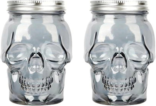 Set of 2 Skull Mason Jar Glasses with Lids | 42oz Reusable Halloween Drinking Glasses | Unique Skull Décor, Storage, & Canning Jars for Parties & Gifts