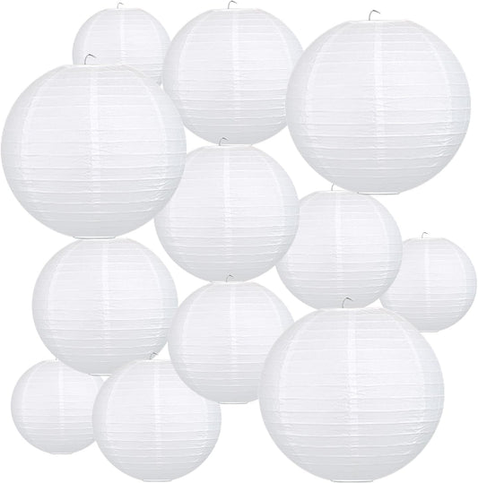 12Pcs Round Paper Lanterns Assorted Sizes (6" 8" 10" 12") for Home Decor, Restaurant, Church, Wedding, Birthday Party Decorations, Hanging Chinese Japanese Paper Lantern Lamps (White)