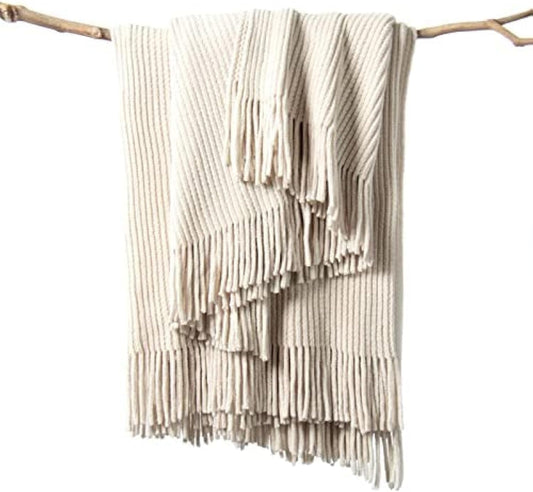lifein Throw Blanket for Couch, Soft Boho Decor Bed Throw,Cozy White Chenille Knitted Small Farmhouse Lightweight Throw for Spring(White/Cream,60 * 80")
