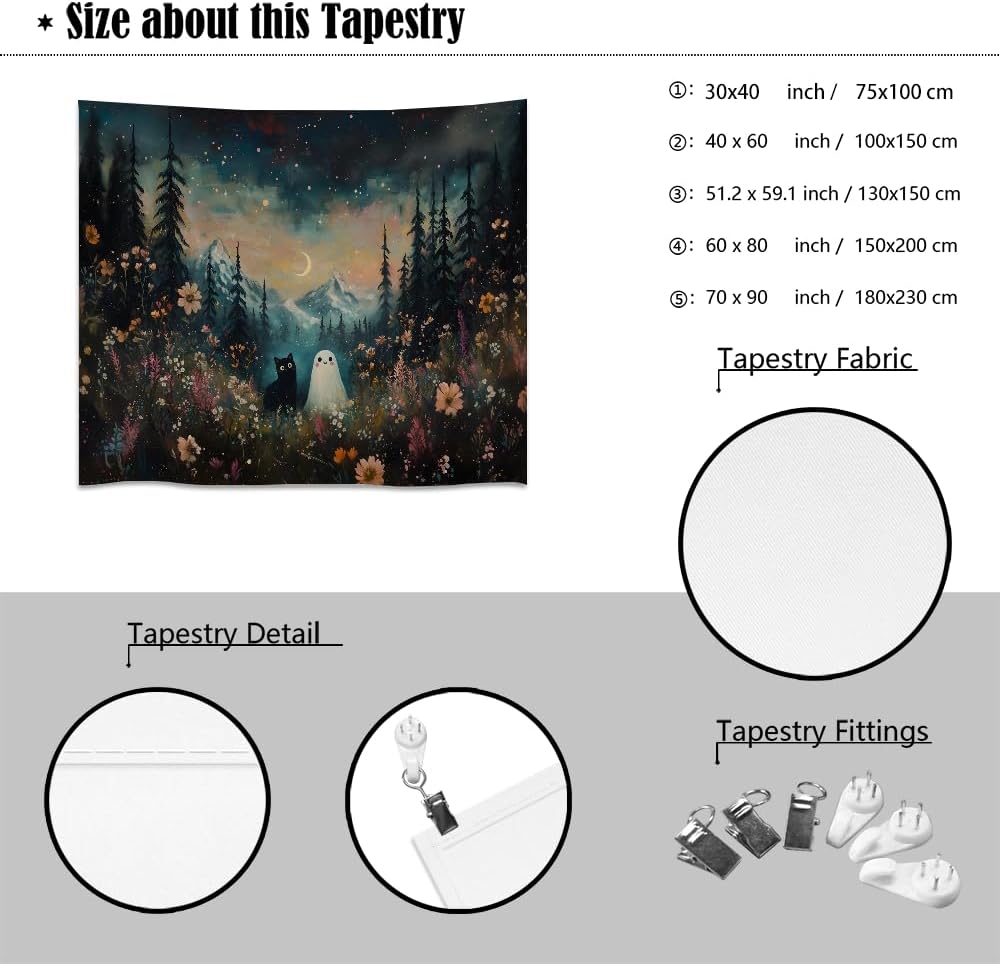 Whimsical Halloween Tapestry Wall Hanging Ghost and Black Cat in Magical Forest Wildflowers Meadow Tapestry Art Print Charming Spooky Fall Season Tapestries for Living Room Bedroom Decor 70x90inch