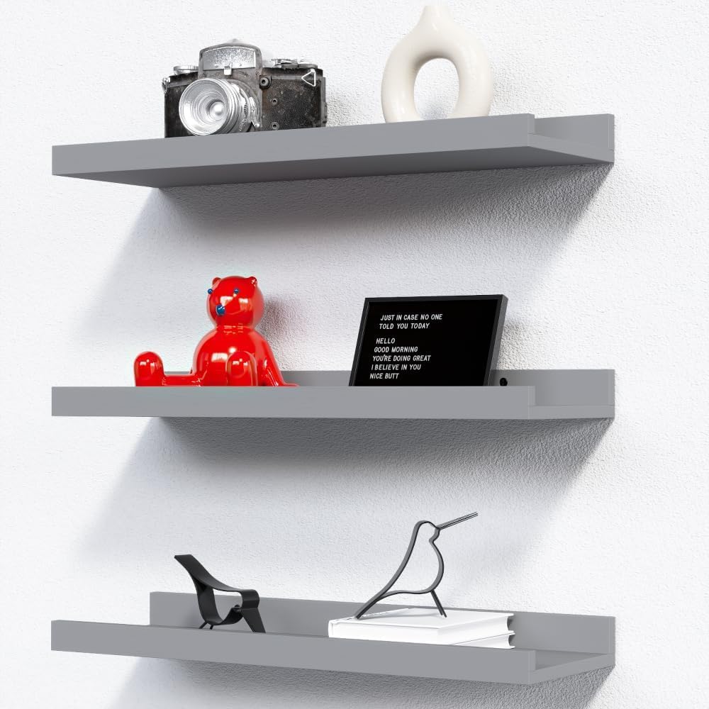 RICHER HOUSE 3 Set Floating Shelves for Wall, Black Wall Mounted Shelves with Lip for Storage, Display Picture Ledge Shelf for Bedroom Bathroom Kitchen Living Room Decor, Modern Grey