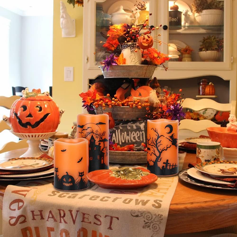 Wondise Halloween Flickering Flameless Candles with 6 Hour Timer, Battery Operated LED Real Wax Candles Set of 3 Halloween Home Decoration Gifts(3 x 4 5 6 Inch)