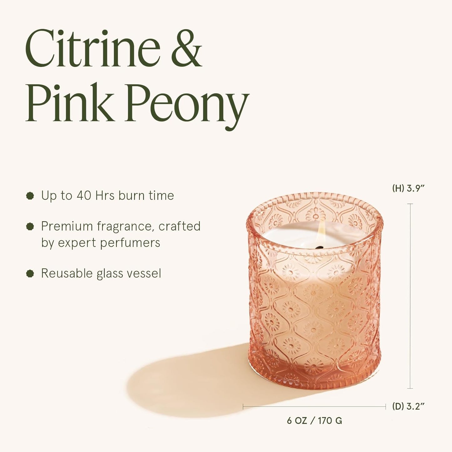 LA JOLIE MUSE Citrine & Pink Peony Scented Candles - Bergamot, Peony, Amber | 6 oz Natural Soy Wax | 40 Hours Clean Burn | Citrus Scented Candle| Gift-Ready for Hosts & Gatherings
