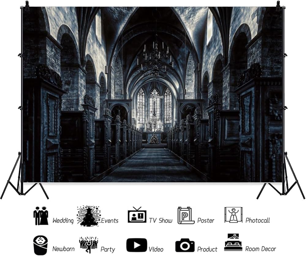 ChloropLastid 7x5ft Scary Church Halloween Backdrop Dark Black Horror Gothic Medieval Castle Interior Photography Background Halloween Night Carnival Theme Party Decor Banner Photo Studio Props