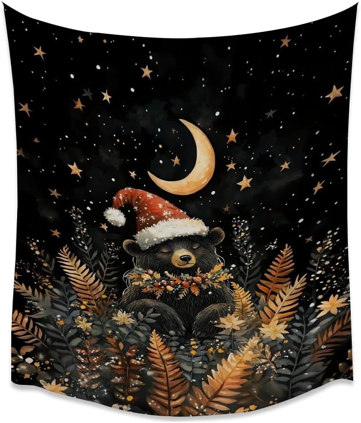 Whimsical Christmas Tapestry Moon Stars Dark Aesthetic Wall Hanging Decor Cute Bear Tapestries for Kids Room Decoration Funny Christmas wall art for Bedroom Dorm Living Room 60x80inch