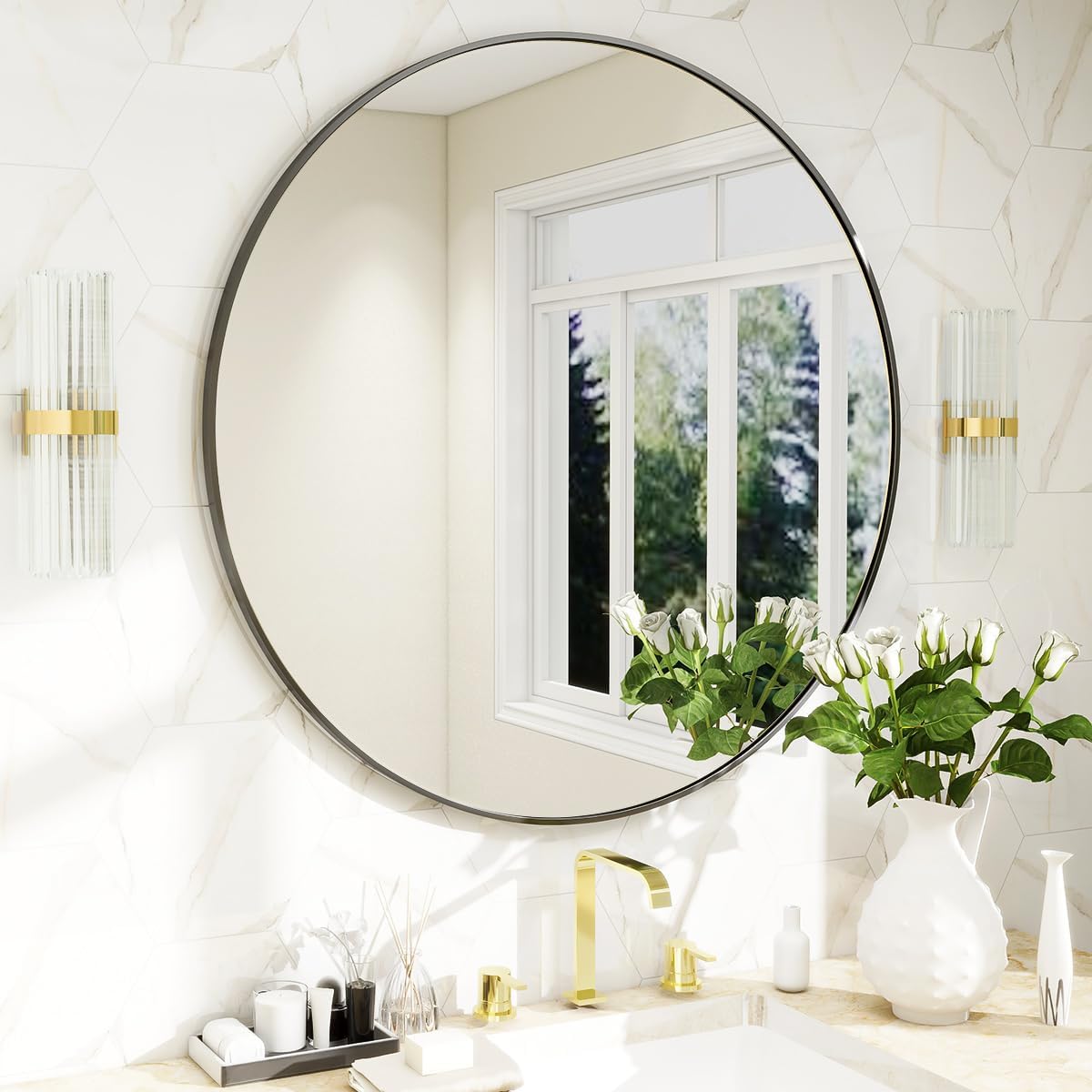 BEAUTYPEAK 20 Inch Round Mirror, Metal Frame Circle Mirror, Wall Mounted for Entryway, Bathroom, Vanity, Living Room, Black