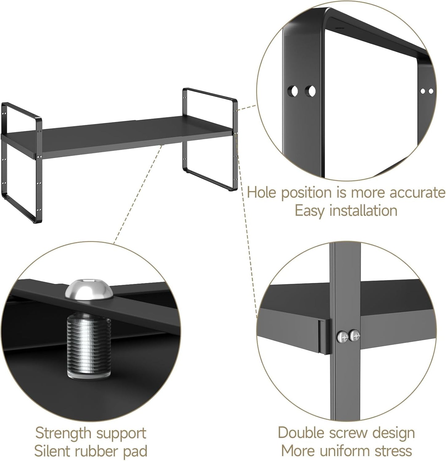 16.5~27.1" Expandable Shelf Organizer, 1Pack 8.1" Wide Stackable Cabinet Shelf Organizers, Black Metal Sturdy Kitchen Counter Storage for Countertop, Adjustable Height Spice Rack