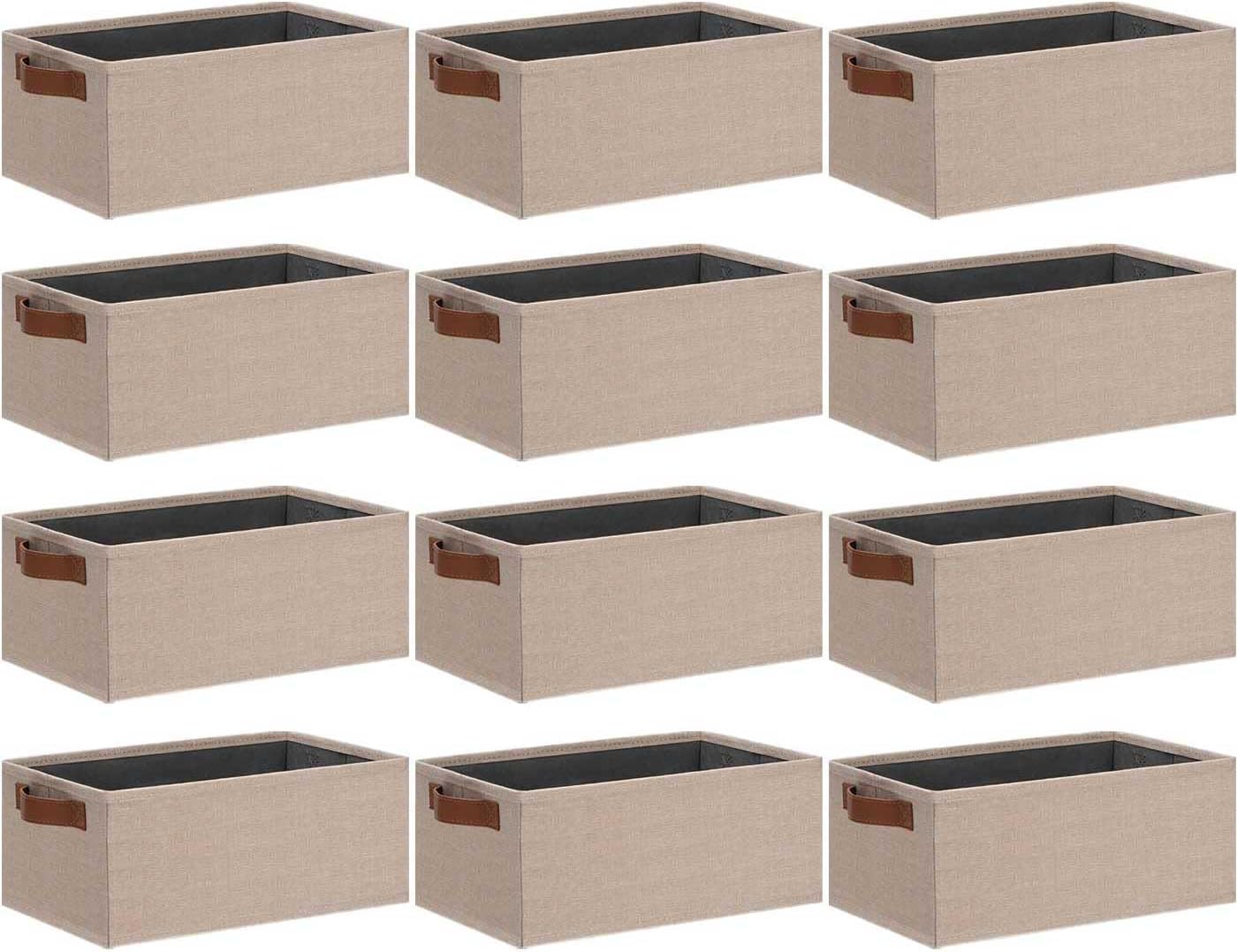 GhvyenntteS Small Fabric Storage Bins 12 Pack, 11.8" x 7.87" x 5.11" Storage Basket with Leather Handles, Closet Storage Bins for Shelves, Storage Baskets for Shelves, DVD Storage (Beige Yellow)
