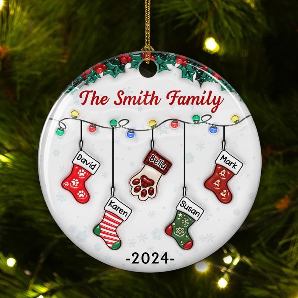 Stocking Personalized Family Christmas Ceramic Ornament 2025-3D Inflated Effect Custom Name Hanging Stock up to 10 Members, First Xmas as A Family Ornament Gifts (A04, 5 Names)