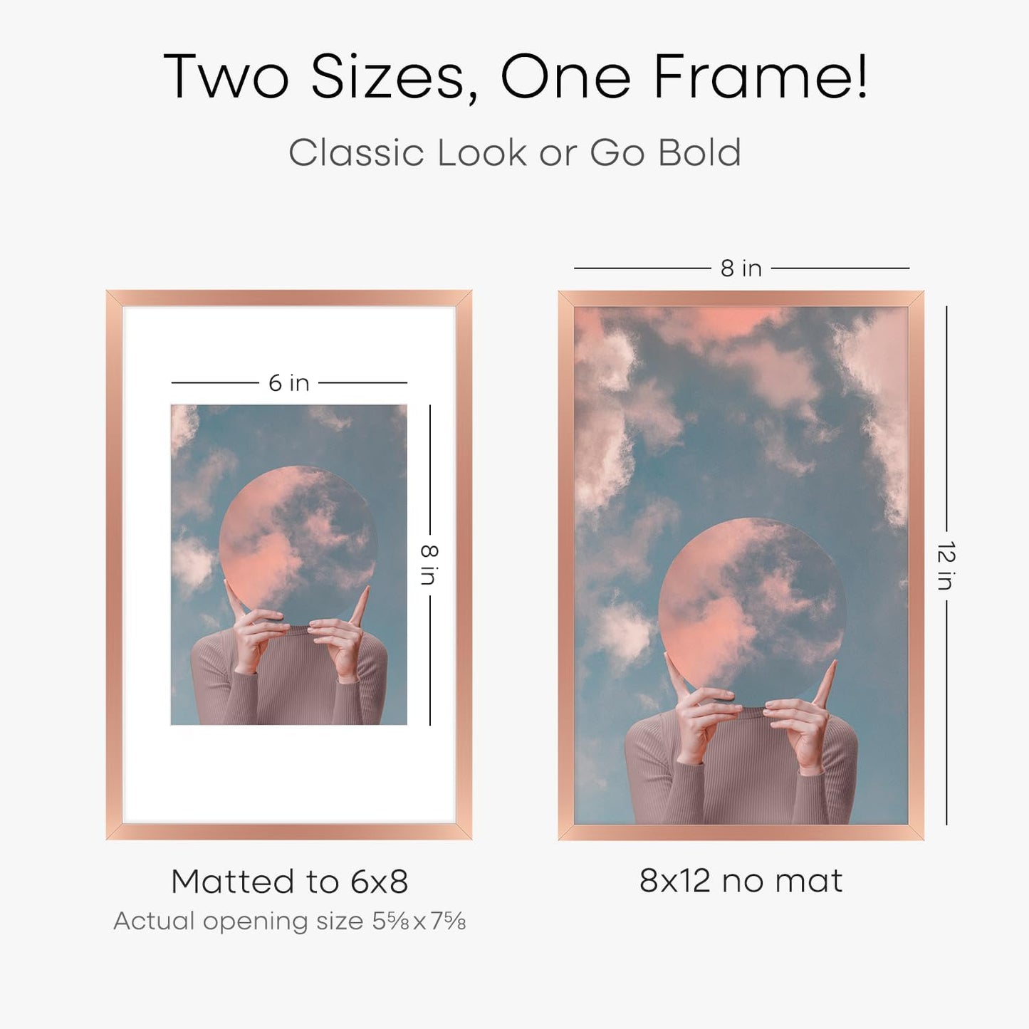 Homeforia 8x12 Picture Frame Rose Gold, High End Metal 8 x 12 Poster Frames with Mat 6 by 8 Photo, 12x8 Frame Matted to 6x8 inch Print, 8by12 Wall or Tabletop Frame, Tempered Glass, Wall Kit, Set of 1