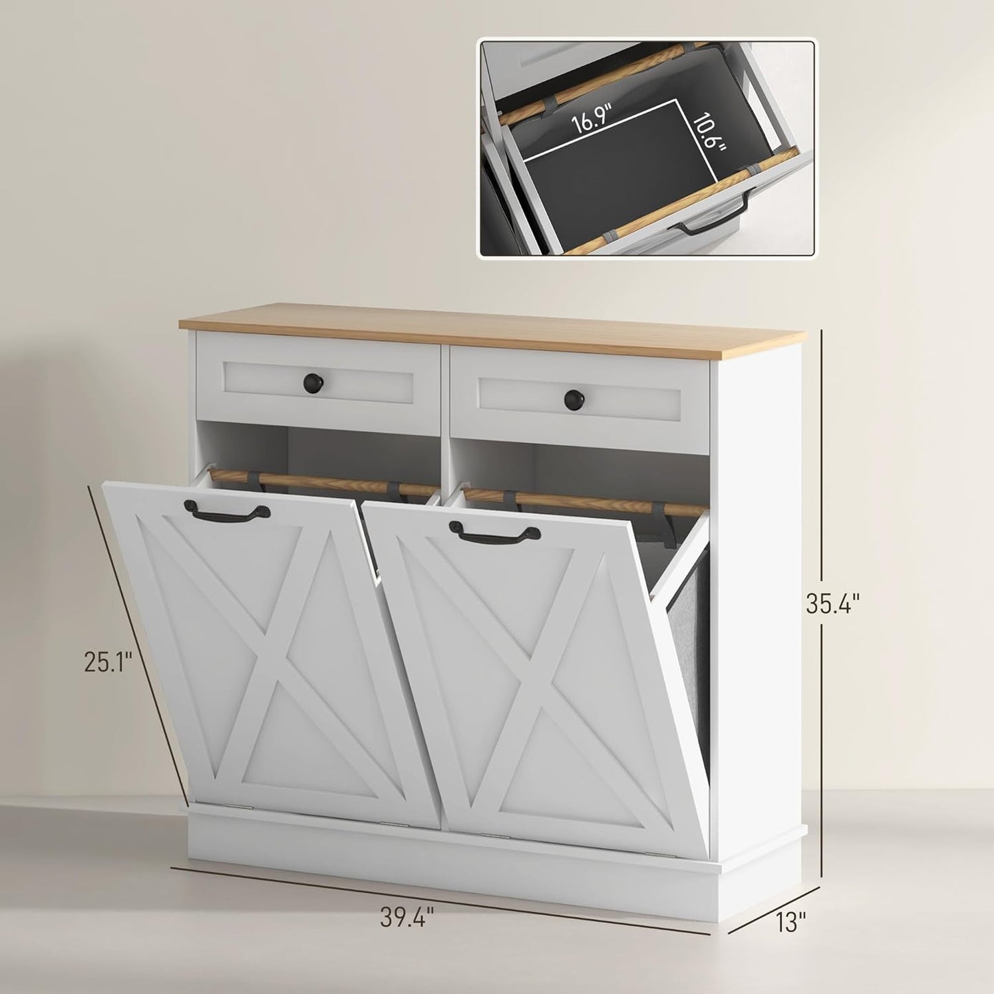 HOMCOM Tilt Out Laundry Hamper Cabinet with 2 Removable Baskets, Freestanding Bathroom Storage Cabinet with 2 Drawers, Trash Can Cabinet for Living Room, Laundry Room, White