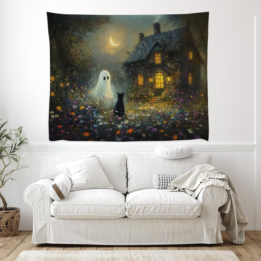Halloween Black Cat and Ghost Tapestry Wall Hanging for Spooky Cute Bedroom Decor Dark Academia Moon Wildflower Cottage Tapestries Aesthetic for Home Living Room Decoration 30x40inch
