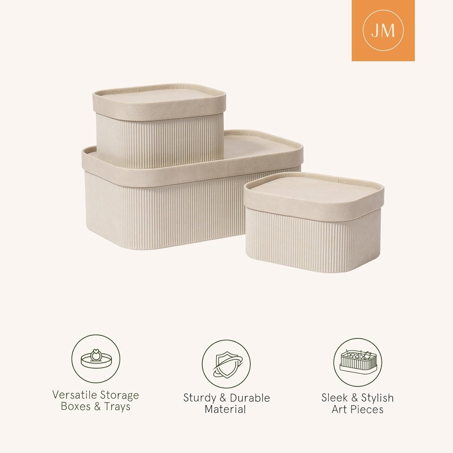 La Jolie Maison Fluted Cardboard Storage Baskets with Leather-Like Lids, Sturdy Stackable Paper Boxes Decorative Tray,Set of 3 Ivory