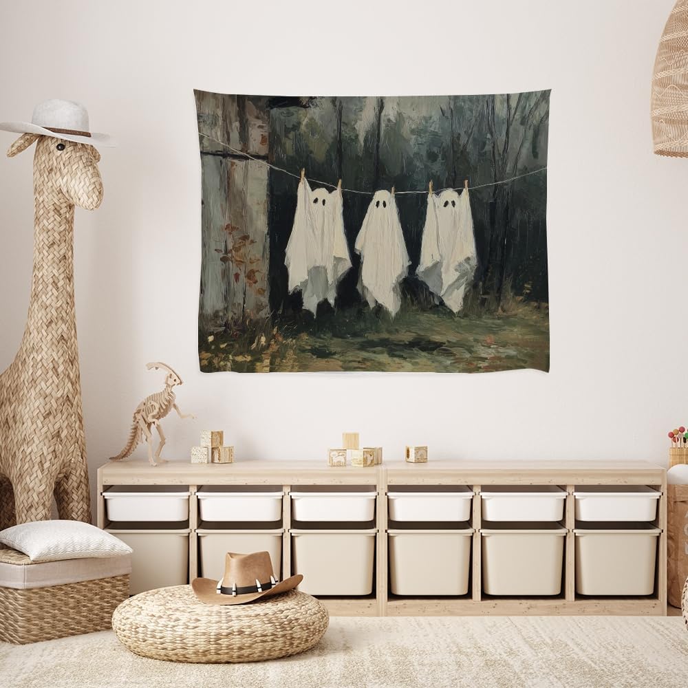Vintage Halloween Tapestry Funny Ghosts on Clothesline Tapestry Wall Hanging Farmhouse Gothic Room Decor Spooky Ghost Prints for Dark Academia Halloween Party House Decoration Tapestries 50x60inch