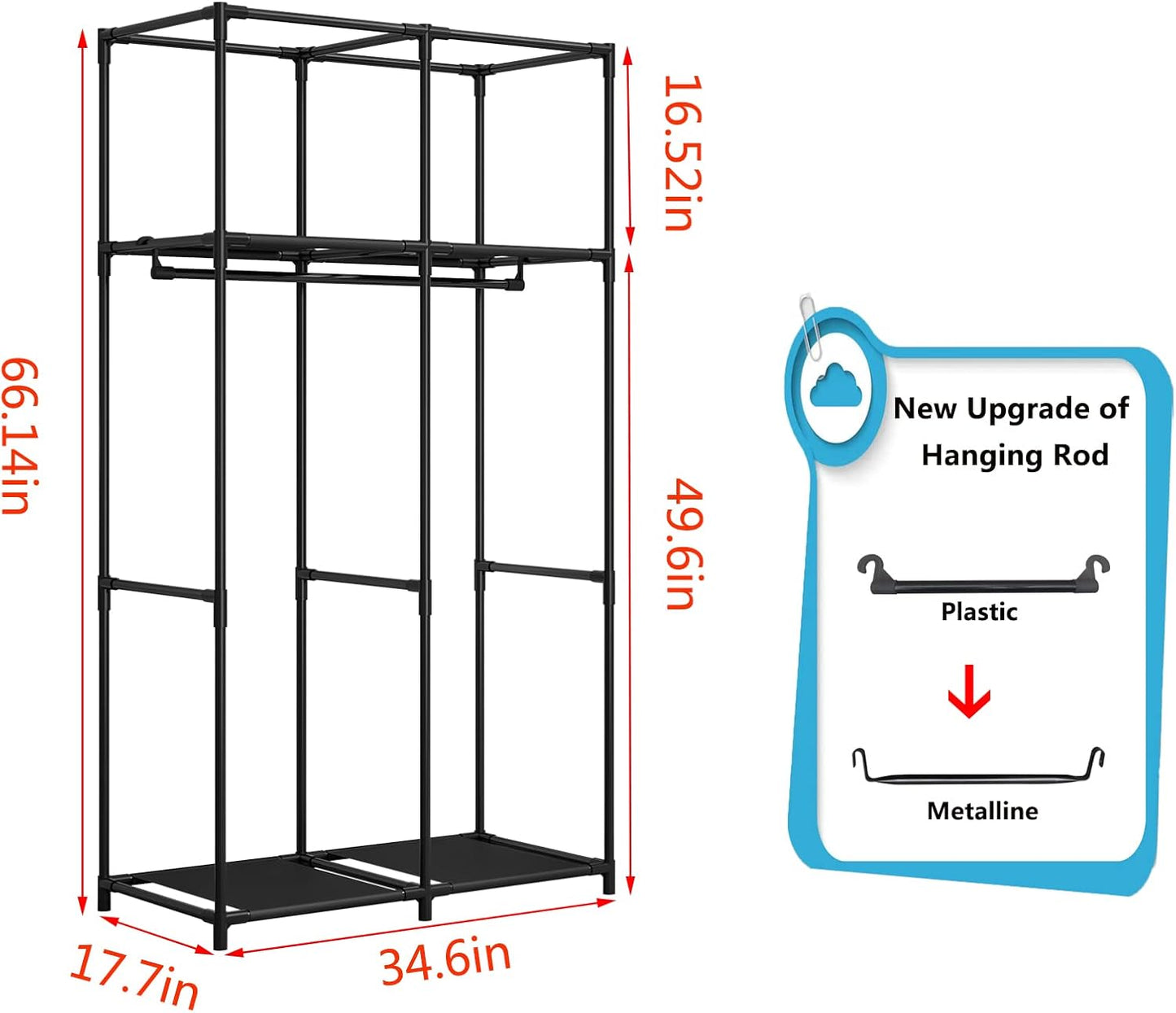 SORCEDAS Portable Wardrobe Closet Storage Organizer Metal Hanging Rack Non-Woven Fabric 34 Inch Grey