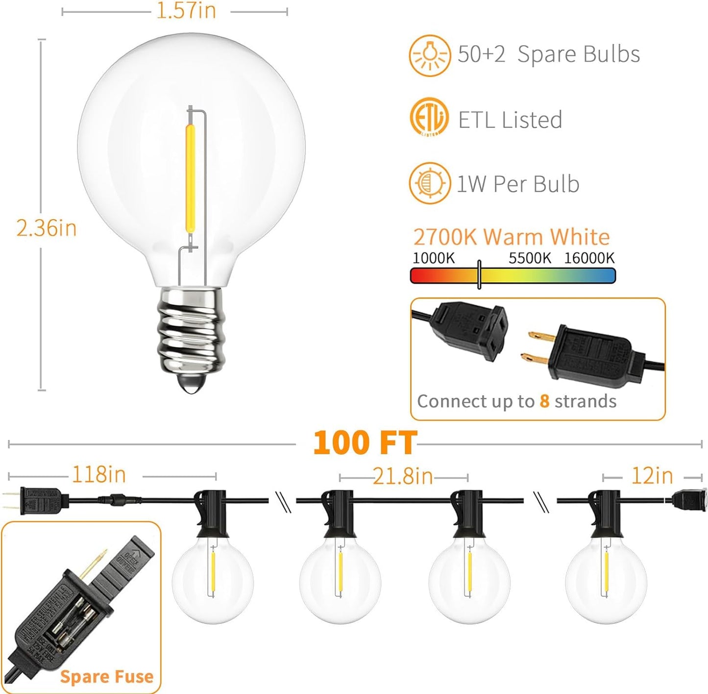 Svater Outdoor String Lights Waterproof 100 FT, LED Patio Lights Outside with 52 Shatterproof G40 Bulbs, Dimmable Hanging Globe Lighting for Bistro Backyard Cafe Market Porch, Warm White 2700K
