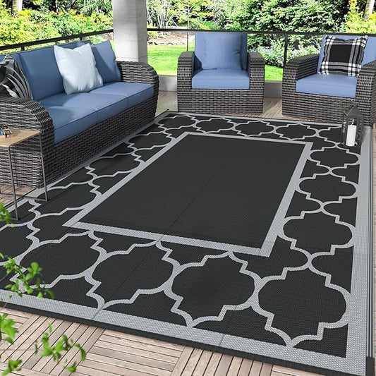 GENIMO Outdoor Rug Waterproof for Patio Decor, 6'x9' Reversible Plastic Straw Rug Carpet, Camping Mats for Outdoor, RV, Backyard, Deck, Balcony, Picnic, Black & Grey