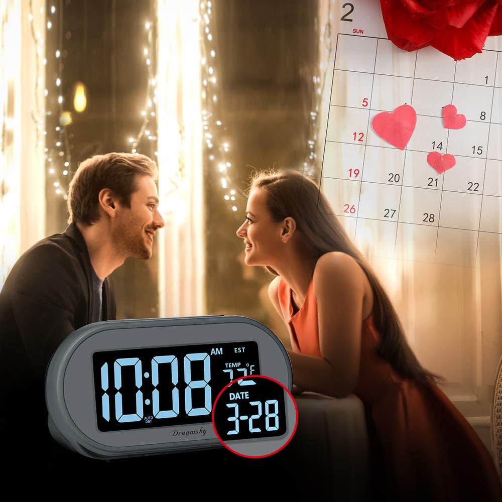 DreamSky Alarm Clocks for Bedrooms, Auto Set Digital Desk Clock for Bedside Nightstand, Electric Clock with Dimmable Brightness Dimmer, Auto DST, USB Port, Date, Temperature, Snooze