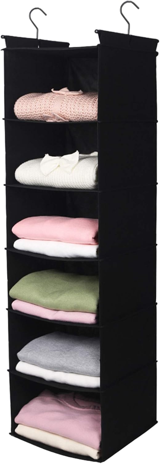 MAX Houser 6 Tier Shelf Hanging Closet Organizer, Closet Hanging Shelf with 2 Sturdy Hooks for Storage, Foldable (Black)