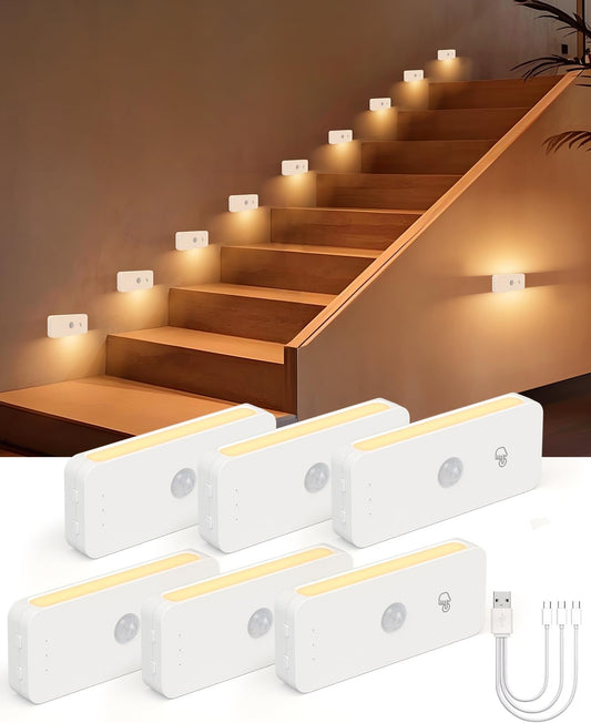 Yiliaw Motion Sensor Night Lights Indoor - Rechargeable Stick-On Stair Lights with Wireless Magnetic Mount, Adjustable Brightness & 3 Color Temps for Hallway, Stairway, Bathroom, Closet (6-Pack)