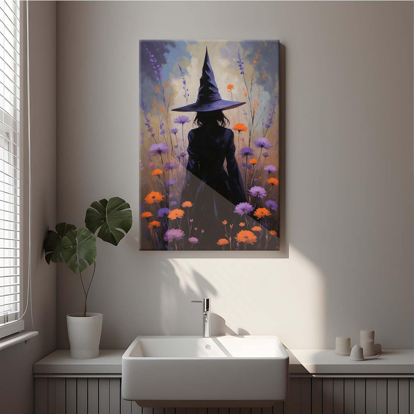 JFHCQJPK Country wildflower witch canvas print halloween mashup art witch purple decoration bohemian elegant art poster8x12in Frameless