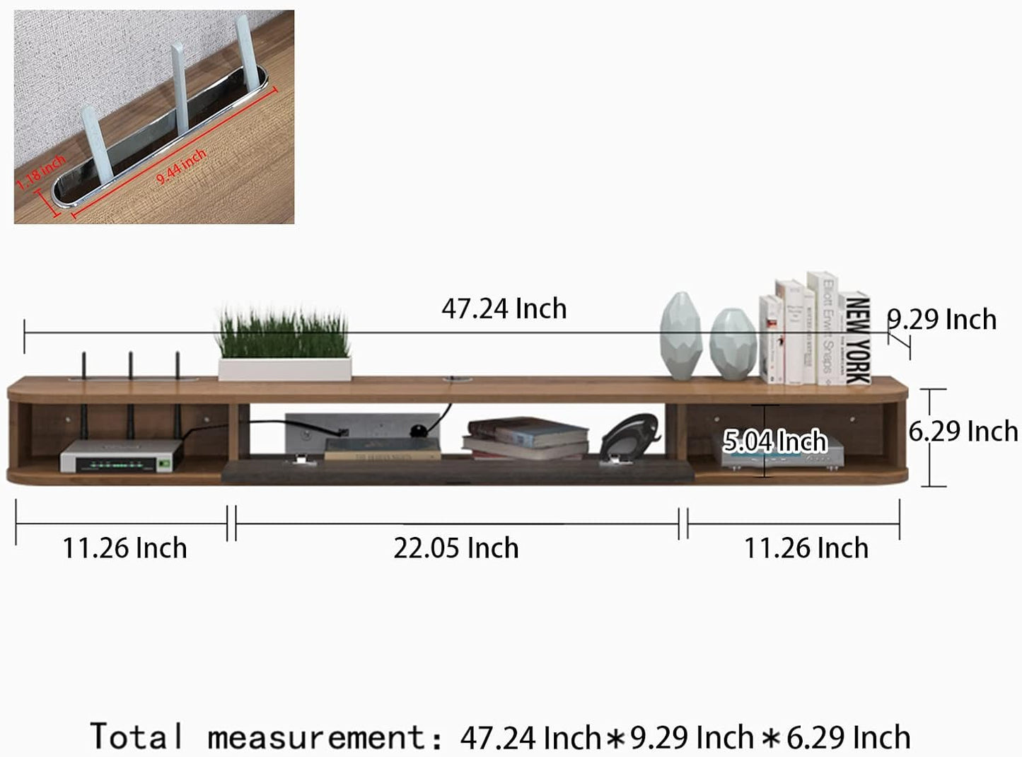 Pmnianhua Floating TV Shelf, 47'' Wall Mounted TV Stand Floating TV Console Media Entertainment Under TV Shelf for Bedroom Livingroom (Walnut)