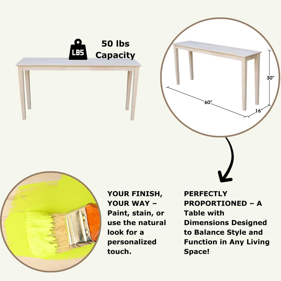 IC International Concepts Extended Length Shaker Console Table, 60" W x 16" D x 30" H Real/Solid Parawood, Kitchen/Dining, 50 Lbs. Wt. Capacity, DIY, Paint/Stain In Any Color, Unfinished