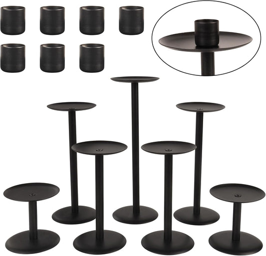 Set of 7 Metal Black Candle Holders, Assemblable Pillar and Taper Candlesticks, Halloween Fall Thanksgiving Day Dining Table Centerpieces Decor, Mantle Fireplace Candle Sticks Decorations