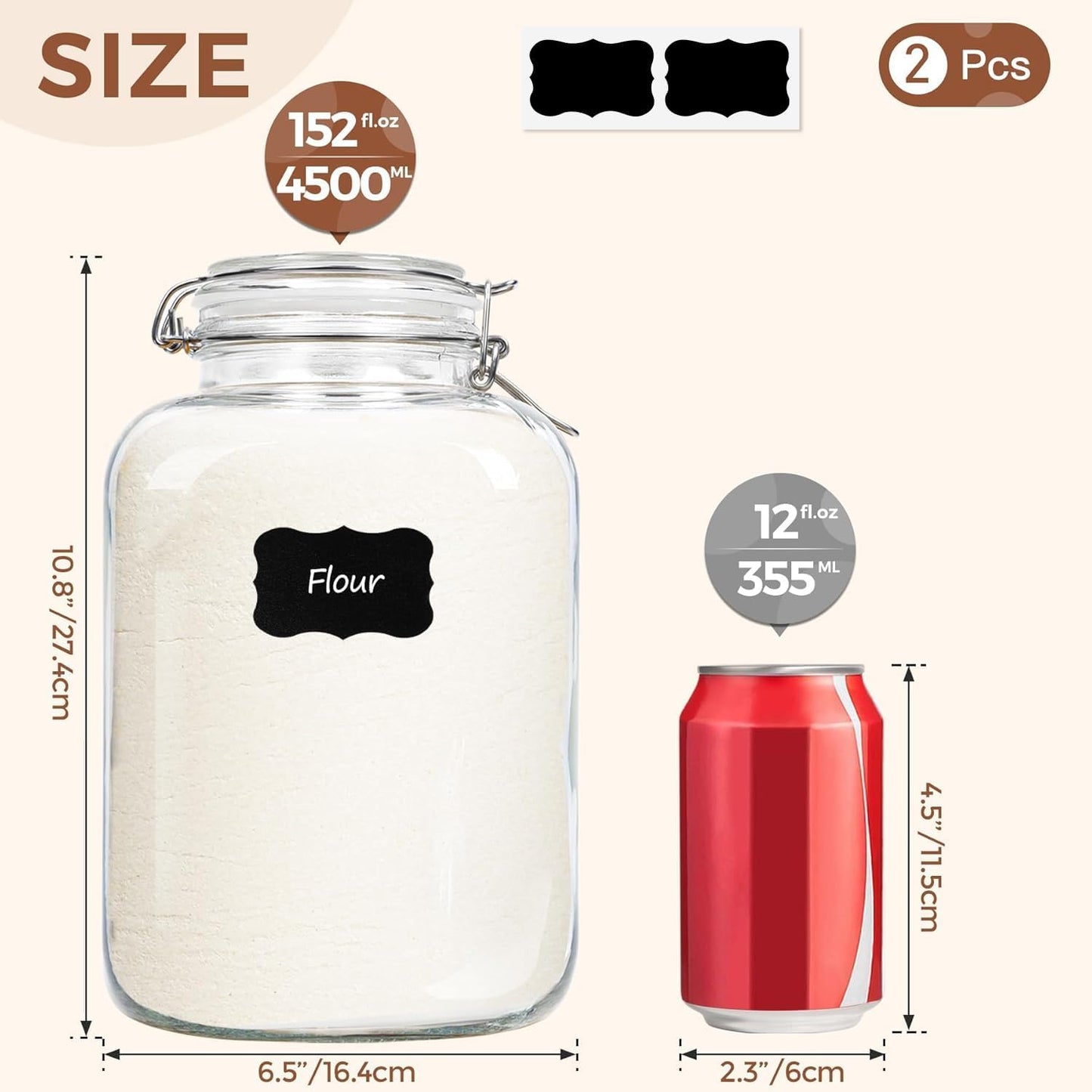 ComSaf Rice Container 152oz, Flour Sugar Storage Containers, Glass Jars with Airtight Lid, 1.17 Gallon Mason Jar, Large Storage Containers with Lids for Pickled Egg, Pasta, Cereal, Beans, Set of 2