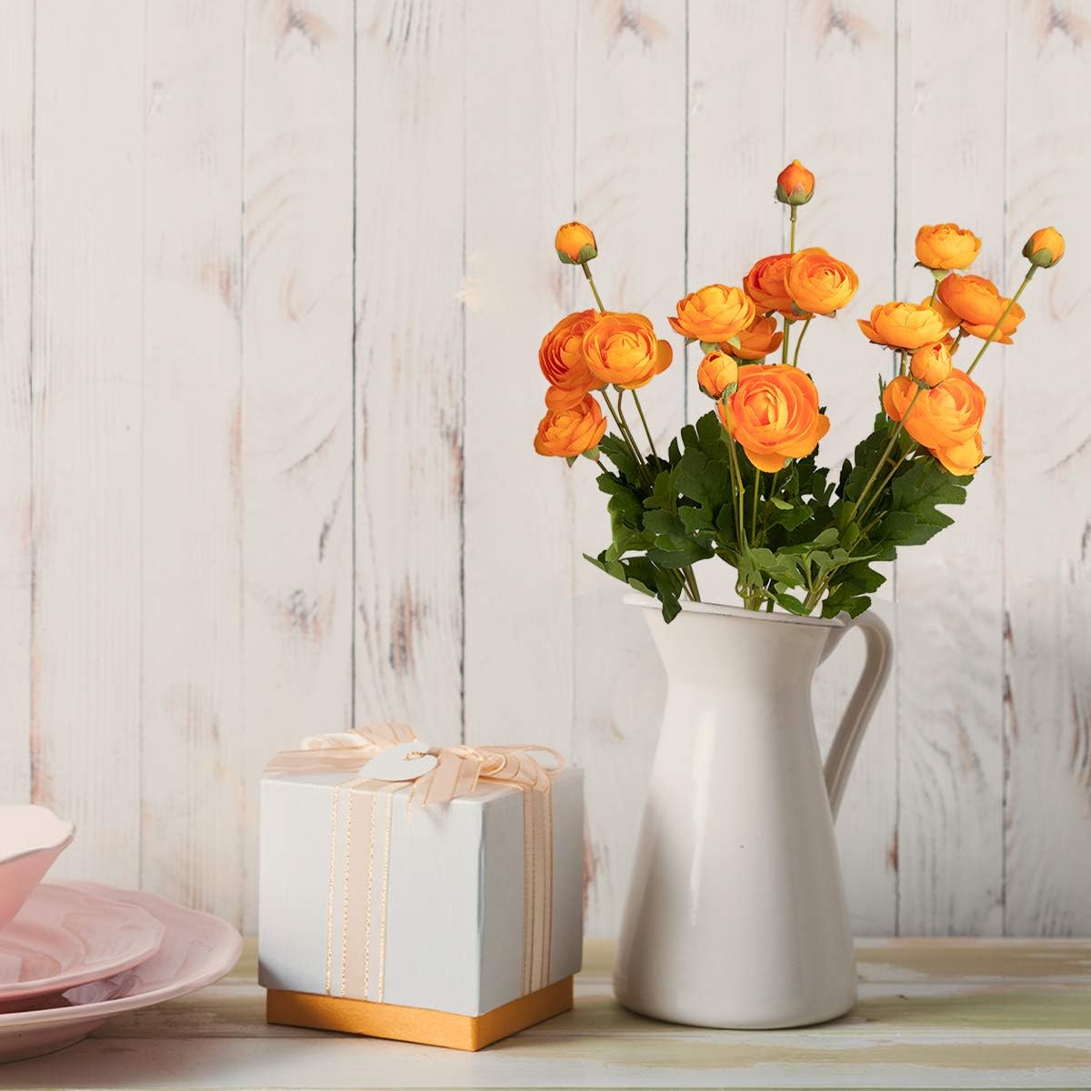 5 Stems Artificial Silk Ranunculus Flowers Orange 23" Tall,UV Resistant,Bendable Stems for Wedding Centerpieces,Home Deco（Orange）