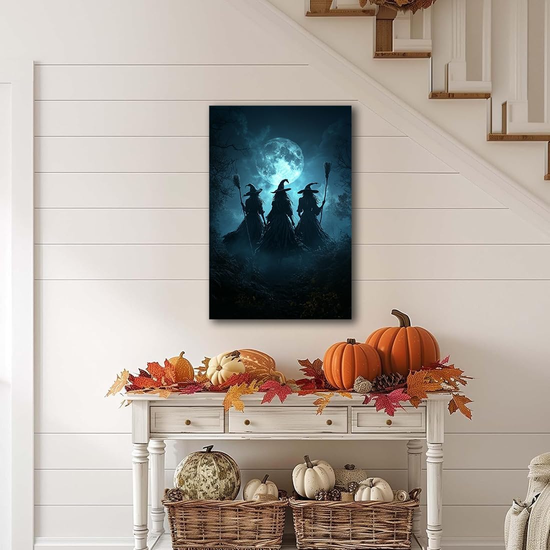 Moonlight Witches Halloween Canvas Art Picture,Three Witches on Broom in Forest Painting Print Gothic Decor,Halloween Witch Poster Witchy Room Aesthetic Bedroom Home Decorations,16"x24" Framed