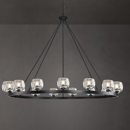 Black Wagon Wheel Chandelier, 59 Inch Black Chandeliers with Unique Glass Shade, 15-Light Crystal Large Wagon Wheel Chandeliers for Dining Room, High Ceiling Round Chandelier for Living Room, Foyer