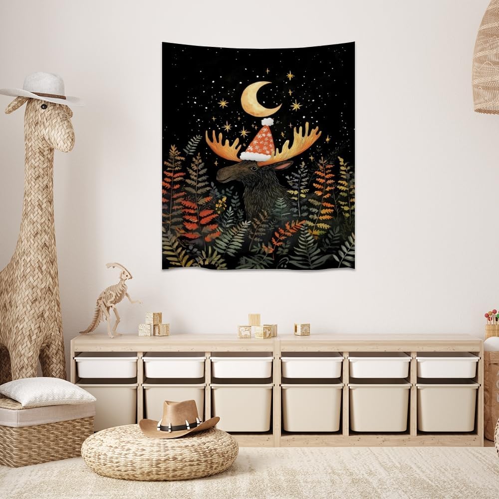 Cute Moose Tapestry Winter Christmas Aesthetic Wall Hanging Decor Funny Animal Lover Gift Whimsical Christmas Tapestries for Nursery Kids Bedroom Home Living Room Decoration 40x60inch