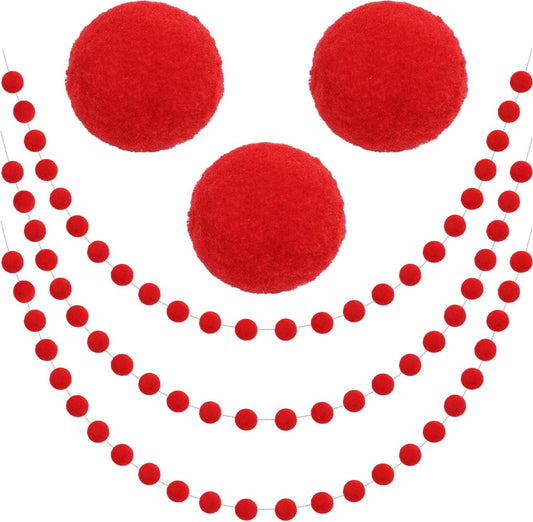 Jishi 3Pk Red Felt Berry Pom Pom Ball Garland Christmas Decorations Indoor Home Decor, Cute Red Berry Christmas Tree Ornaments, String of Pompom Bead Garland Hanging Xmas Holiday Birthday Party Banner