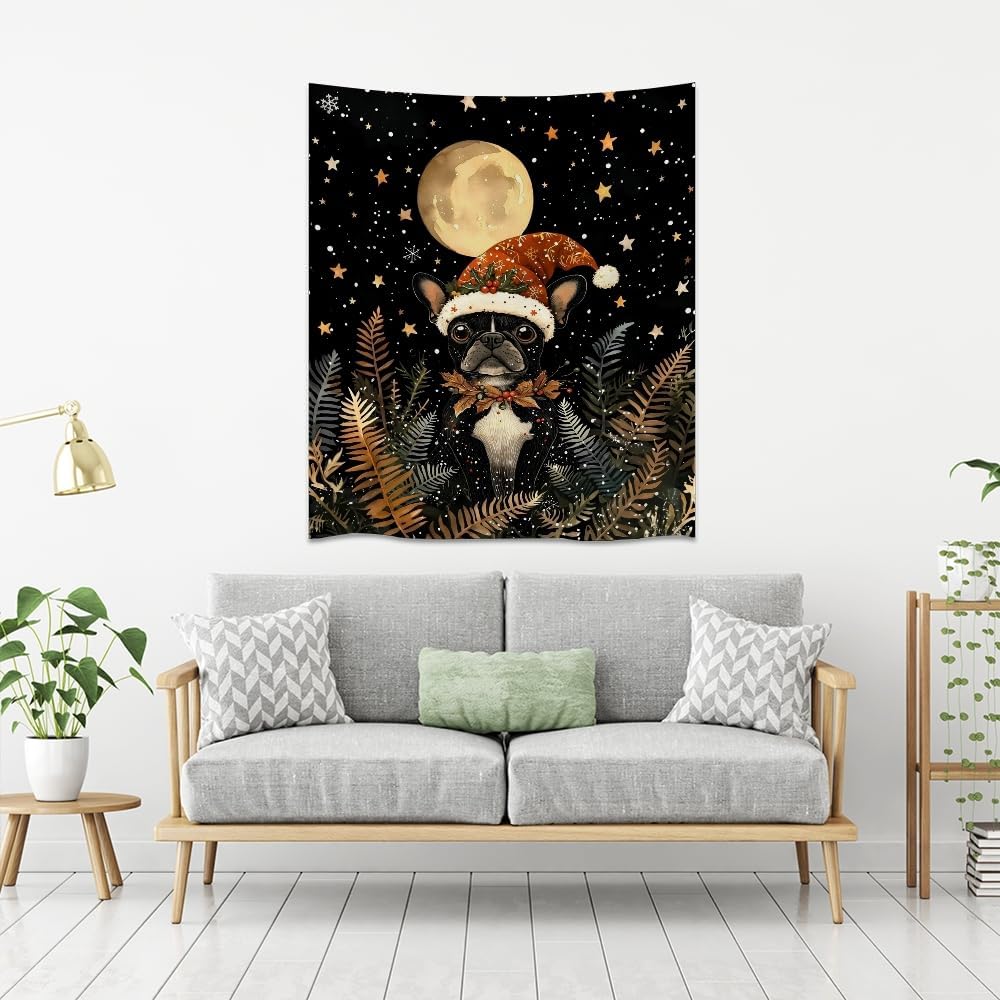 French Bulldog Christmas Tapestry Wall Hanging Cute Dog Santa Hat Moon Pictures Print Pet Lover Gift Funny Christmas Tapestries Aesthetic for Winter Home Nursery Kids Bedroom Decor 40x60inch