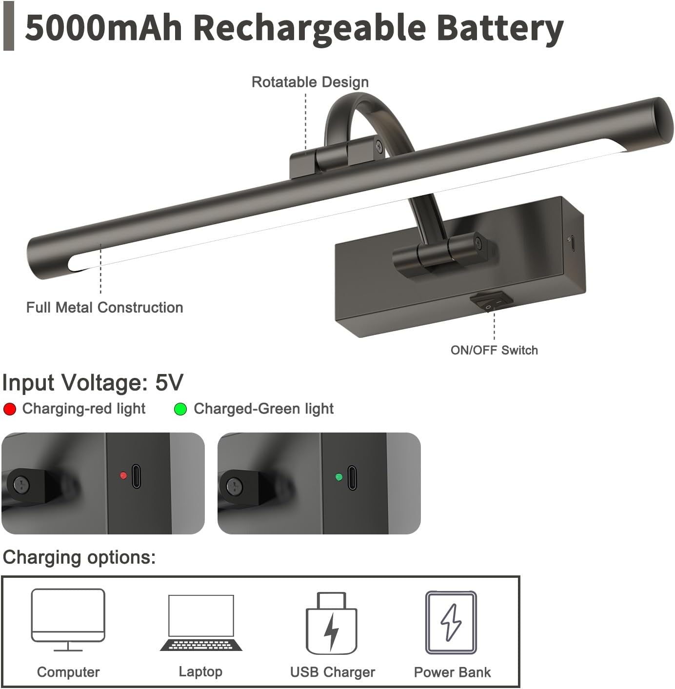 Battery Operated Picture Lights for Wall, Wireless Painting Lights Dimmable Artwork Lighting with Remote and Timer, Rechargeable Art Lights for Paintings-Brushed Grey 16'' inch Warm White