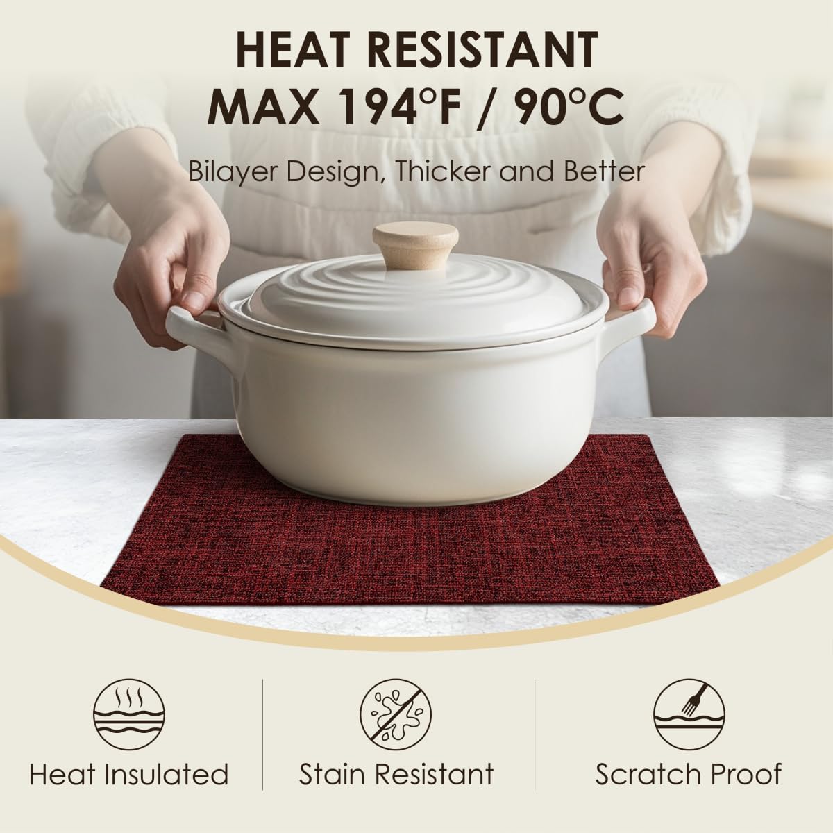 Christmas Placemats Set of 6, Bilayer Thickened Linen Place Mats Heat Resistant Machine Washable Wrinkle Free Carefully Selected Polyester Mats for Kitchen/Dining/Coffee Table (Deep Red)