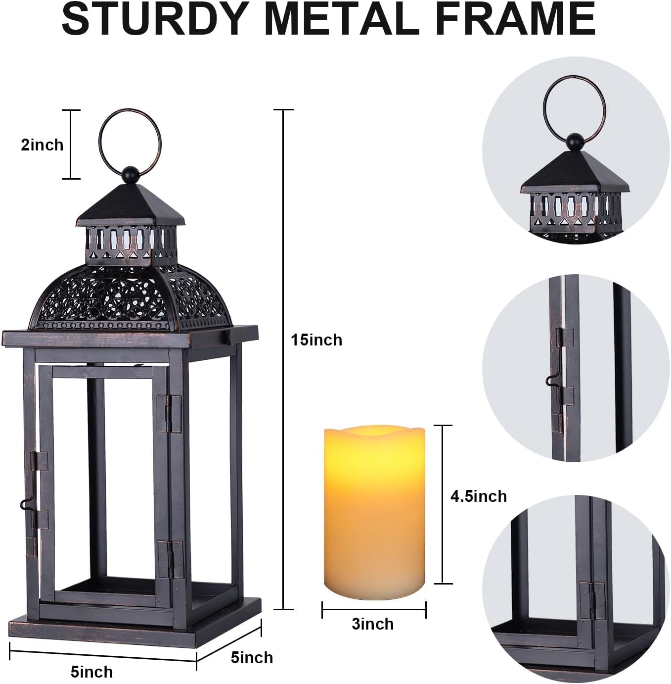 DECORKEY No Glass Lanterns Decorative Indoor & Outdoor, 15'' Candle Lantern Decorative Christmas Indoor Outdoor Decor, Vintage Metal Hanging Lanterns with LED Candle for Patio, Front Porch,Yard, Table