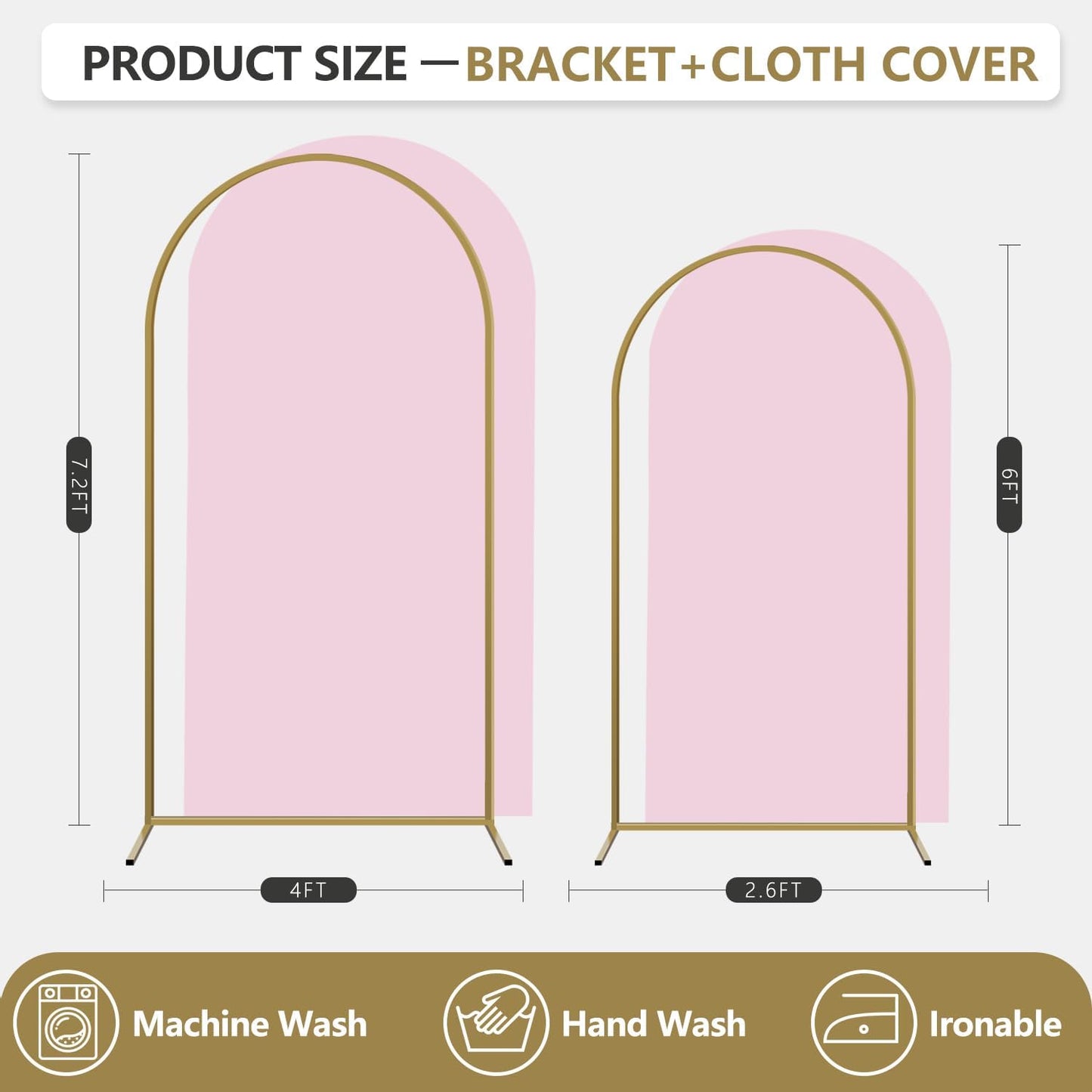 Arch Backdrop Stand and Cover Set, 2 Metal Balloon Arch Backdrop 7.2ft 6ft, Gold Arched Stand Frame for Wedding, Parties,Birthday, Backdrop Decorations (Pale Pink,7.2ft+6ft)