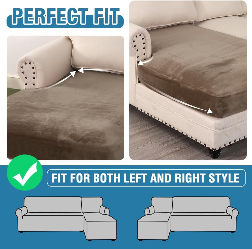 H.VERSAILTEX Velvet Stretch Individual Chaise Cover Sectional Couch Covers for L Shaped Sofa Both Left/Right Furniture Protector Seat Cushion Sofa Cover (1 Piece Chaise Cover, Mocha)