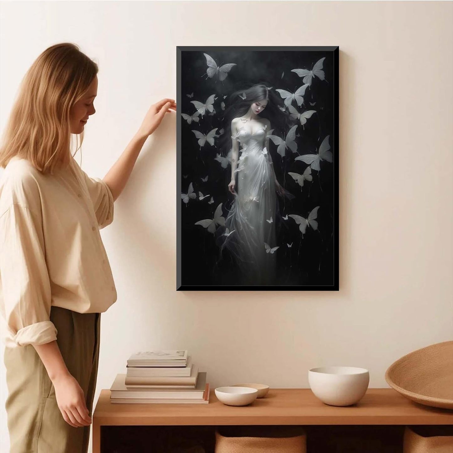 JFHCQJPK Vintage Gothic Feminine Canvas Wall Art Print Butterfly Poster Moody Female Wall Art Retro Artwork Dark College Decor for Home Bedroom24x36in Metal blackFramed