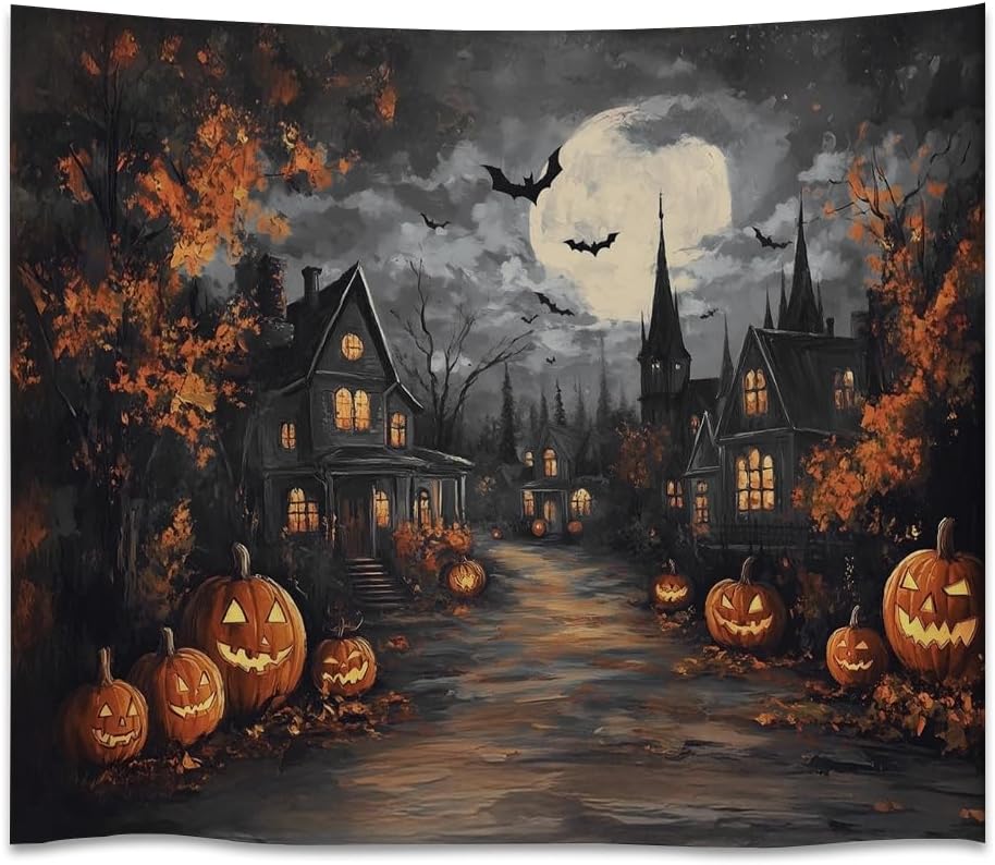 Spooky Halloween Tapestry Haunted Home Bats Pumpkin Tapestry Wall Hanging Dark Academia Fall Full Moon Decor Gothic Ghost Tapestries for bedroom Living Room Decoration 50x60inch