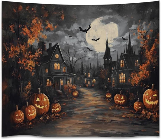 Spooky Halloween Tapestry Haunted Home Bats Pumpkin Tapestry Wall Hanging Dark Academia Fall Full Moon Decor Gothic Ghost Tapestries for bedroom Living Room Decoration 50x60inch