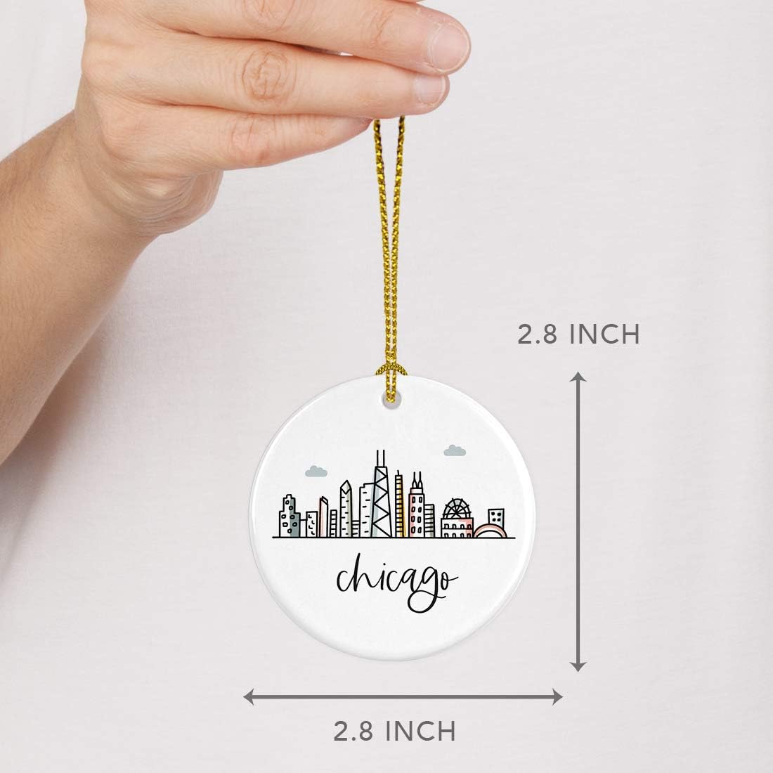 Andaz Press Round Ceramic Porcelain Christmas Tree Ornament Keepsake, Chicago Colorful City Skyline Graphic, 1-Pack, Birthday Gift Ideas Family Coworker Him Her, Includes Gift Box