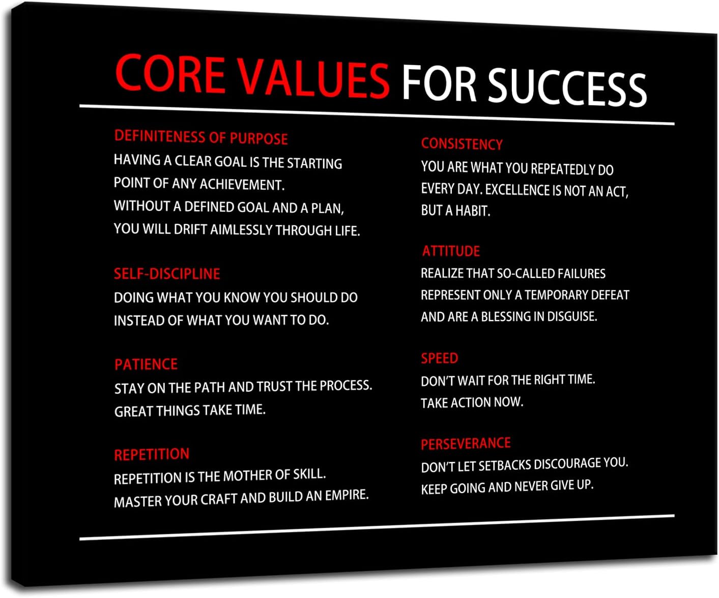 Inspirational Canvas Painting Wall Art Core Values Quote Motivational Wall Art Inspiring Poster Positive Motivational Framed Artwork Prints Picture for Living Room Office [18''Wx 24''H]