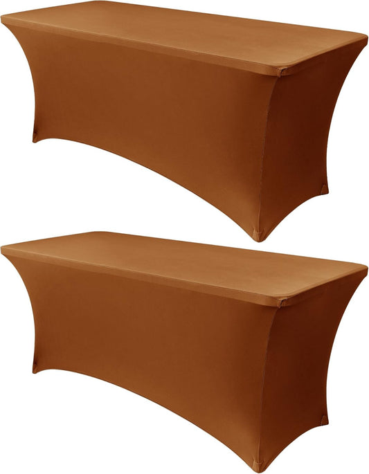 Obstal 8Ft Stretch Spandex Table Cover for Standard Folding Tables - 2 Pack Universal Rectangular Fitted Tablecloth for Party, Banquet, Events, Trade Show (Light Coffee, 96L x 30W x 30H Inches)