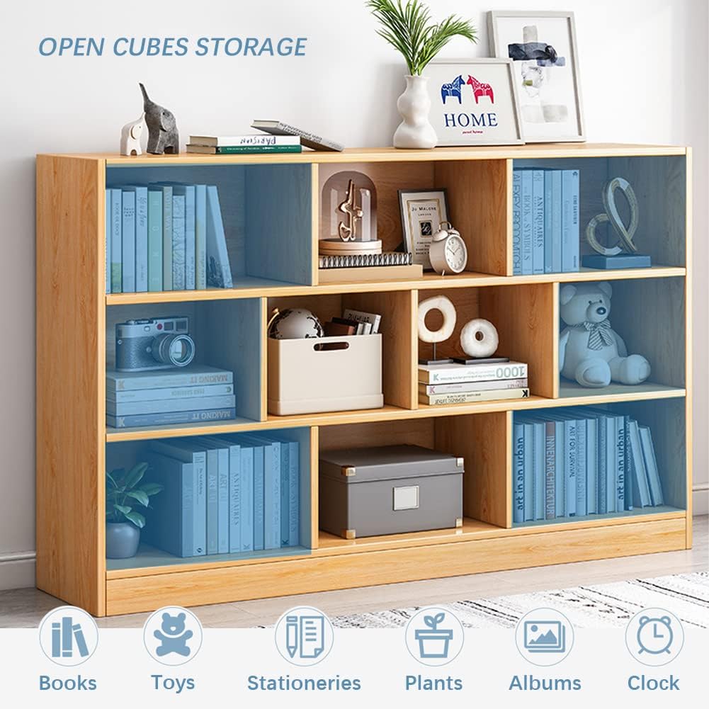 IOTXY Open Shelf Low Bookcase - Wooden 3-Tier Floor Standing Display Cabinet Organizer with Base, 7 Cubes Short Horizontal Bookshelf in Pear Yellow