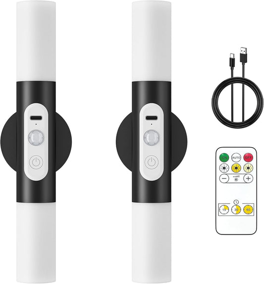 Motion Sensor Wall Lights with Remote Control, LED Rechargeable Battery Operated Wall Sconces Set of Two for Bedroom, Indoor Wireless Wall Lamps for Living Room, Hallway, Stair, Black 2 Pack