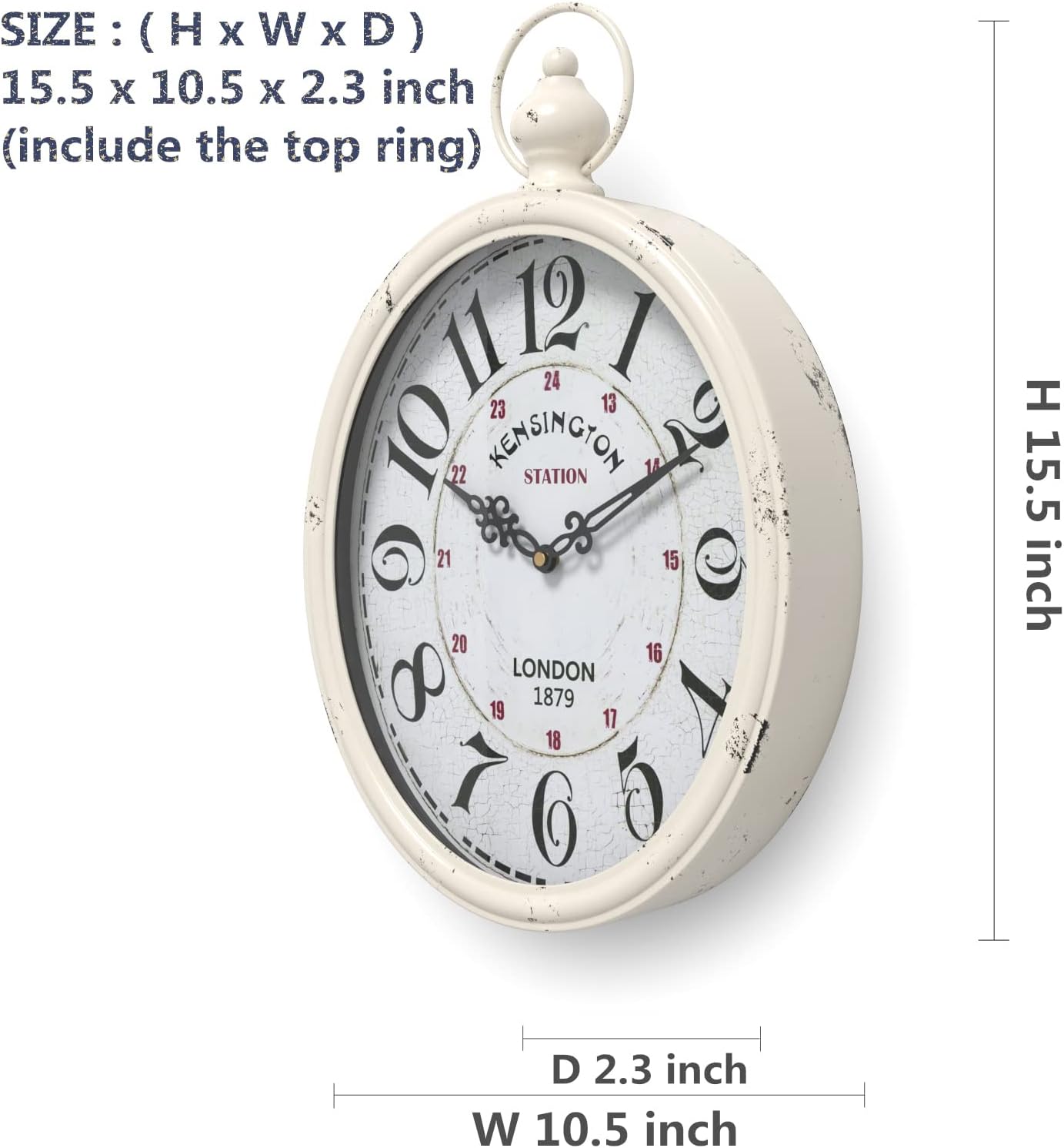 Menterry Oval Retro Wall Clock, Rustic Vintage Style, White Antique Design, Battery Operated Silent Decor Large Wall Clocks for Kitchen,Farmhouse,Office (15.5" H x 10.5" W)